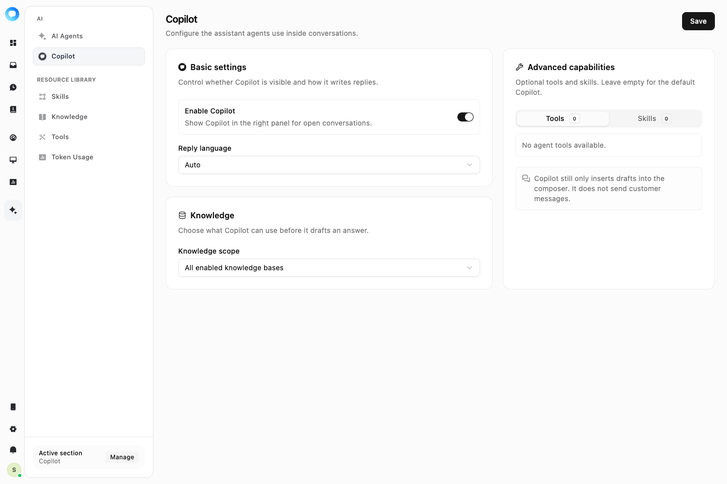 NavoChat Copilot settings in English